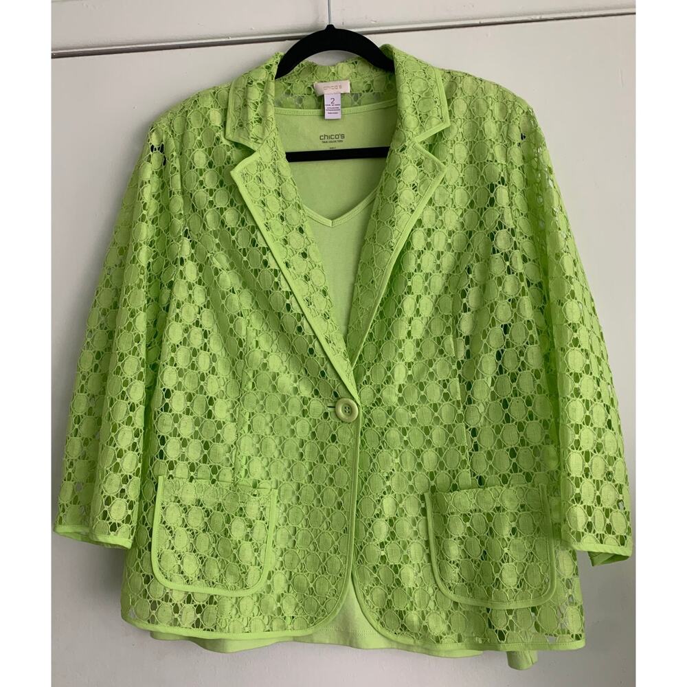 Chico's Jacket Lime Green Lace Cut Out Sheer Button Up 3/4 Sleeves Size 2 US 12